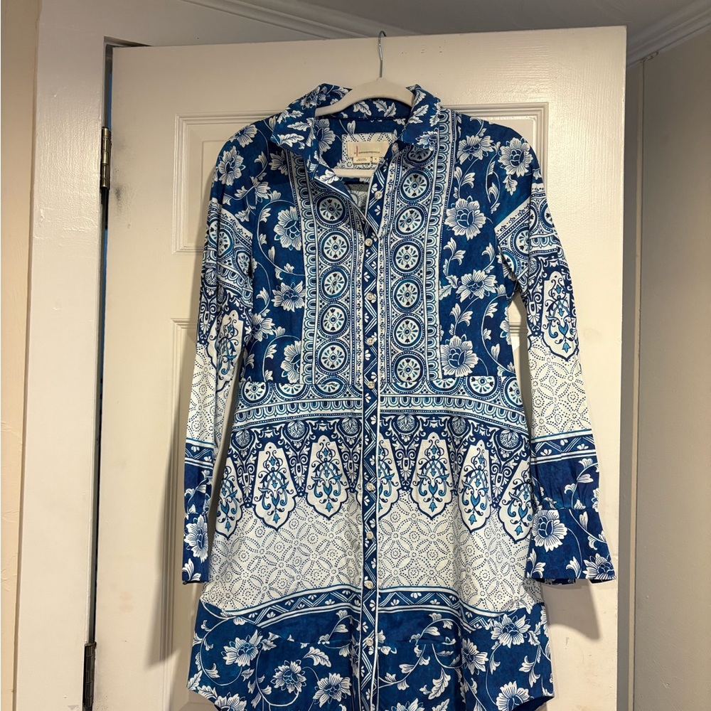 Anthropologie Blue and White Long Sleeve Dress